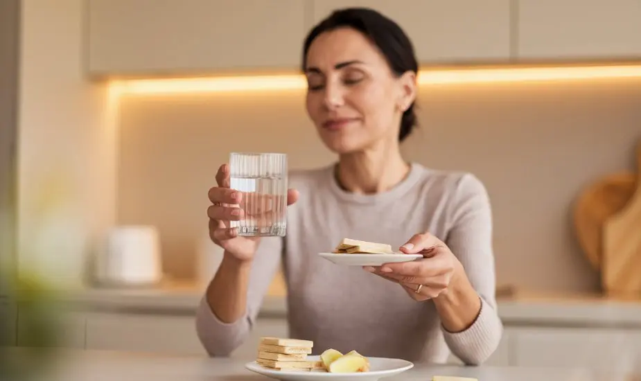 Woman managing sulphur burps on Mounjaro with ginger tea and bland food at a modern kitchen counter
