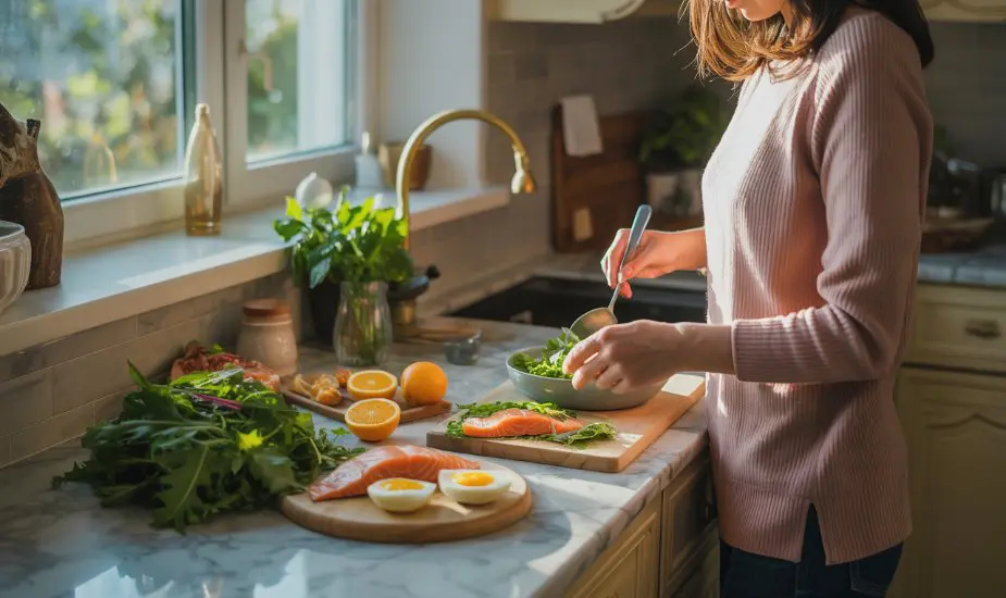 A woman preparing a colourful nutrient-rich meal with leafy greens, salmon, eggs, and citrus fruits in a sunlit kitchen