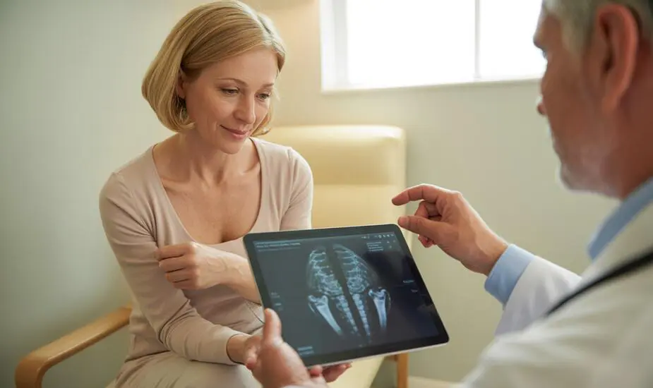 Woman reviewing bone density scan results with her doctor in a bright London clinic consulting room