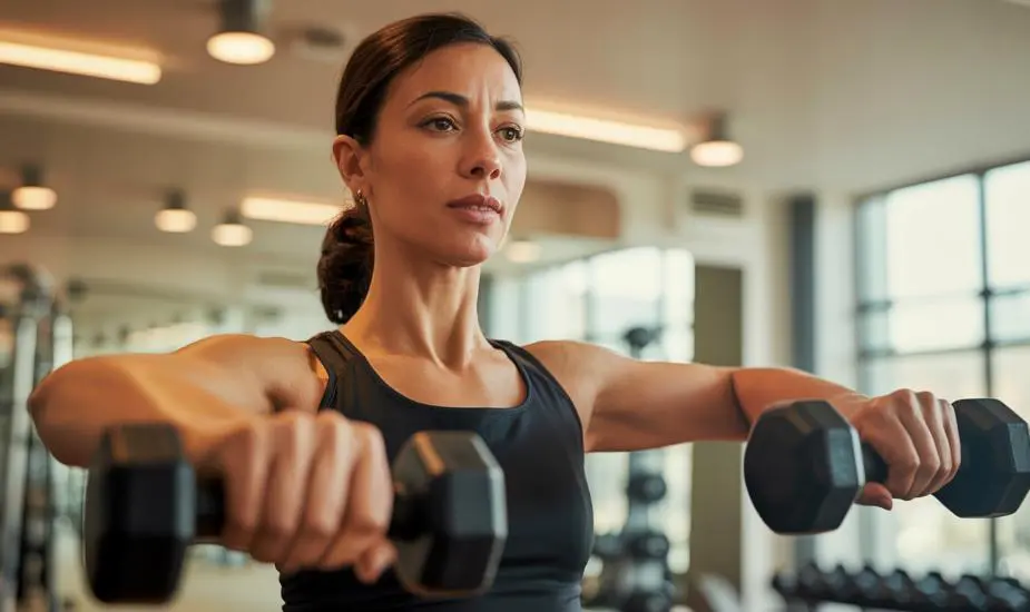 Woman doing dumbbell exercises in a modern gym to preserve muscle mass during Mounjaro weight loss treatment