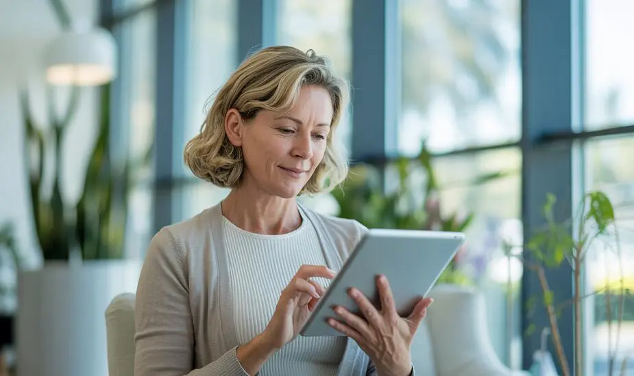 Woman reviewing health data on tablet in modern wellness clinic, representing proactive prediabetes monitoring