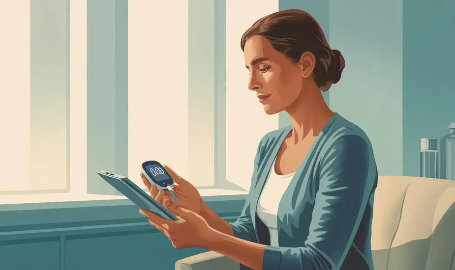 Woman reviewing blood glucose monitor results in a modern London clinic consultation room