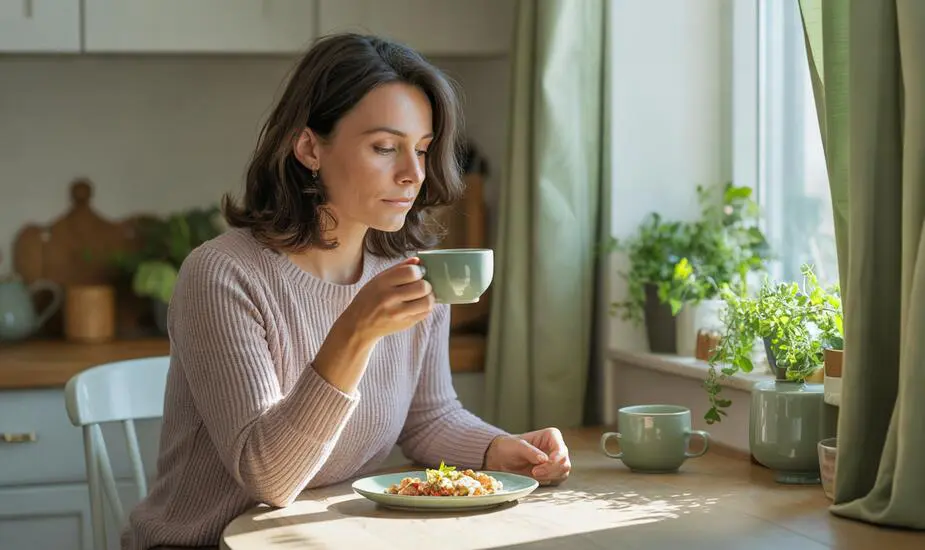 Woman sitting at a kitchen table with herbal tea and wholesome food, representing mindful eating and recovery from binge eating disorder on Mounjaro
