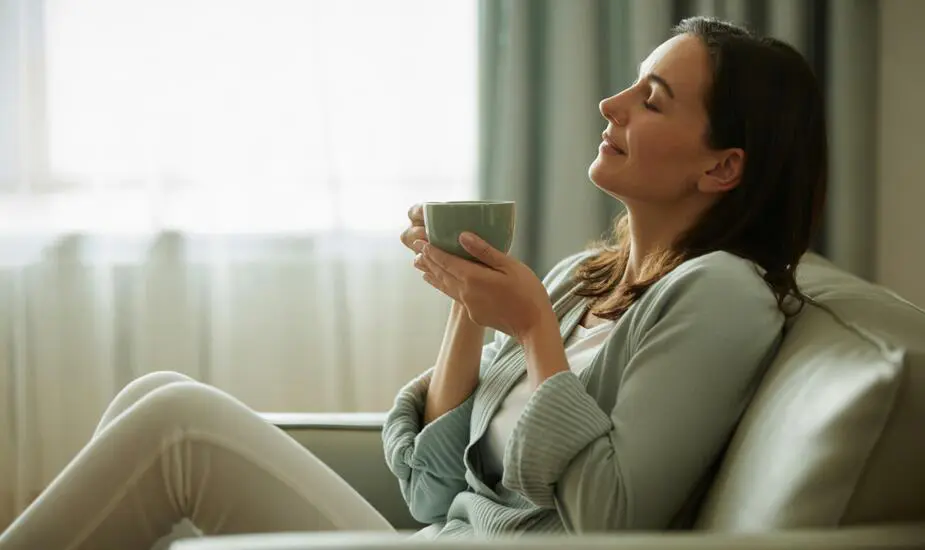 A woman relaxing peacefully in a light-filled room, representing migraine relief and improved quality of life during Mounjaro treatment